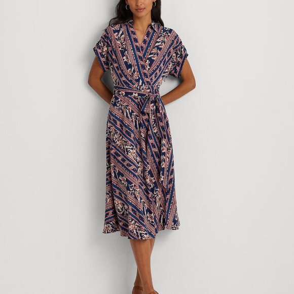 Lauren Ralph Lauren Women's Geo-Stripe Belted Crepe Dress. Sz 0 $165 Value - Picture 2 of 6